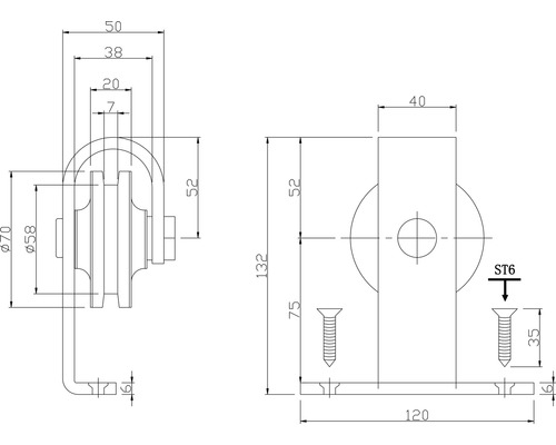 Technische Zeichnung eines Türrollenbeschlags mit Maßangaben