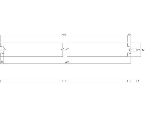 Technische Zeichnung eines Verbindungselements mit den Maßen 450 x 40 x 6 Millimeter