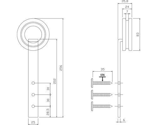 Technische Zeichnung eines Türklopfers mit Maßangaben und Befestigungsmaterial