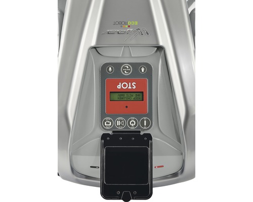 Nahaufnahme eines Mähroboters mit Bedienfeld