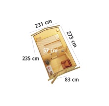 Draufsicht einer Sauna mit Maßangaben der Länge und Breite
