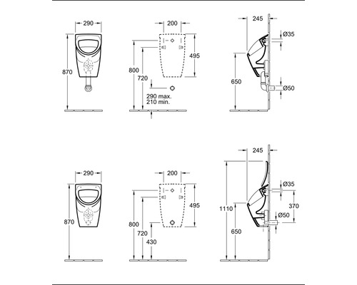 Technische Zeichnung eines Urinals mit Maßangaben