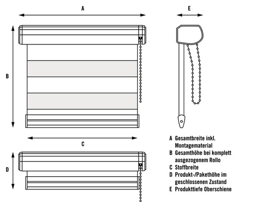 Technische Zeichnung eines Rollos mit Maßangaben