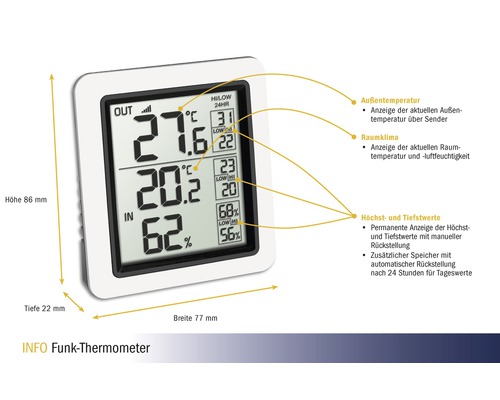 Funk-Thermometer innen/außen digital kabellos, ohne