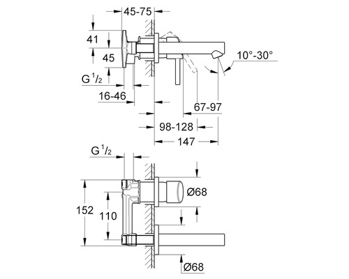 Maße einer Waschtischarmatur zur Wandmontage als Strichzeichnung