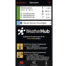 WeatherHub App-Oberfläche mit Informationen zu Temperatur, Luftfeuchtigkeit, Niederschlag und Windgeschwindigkeit