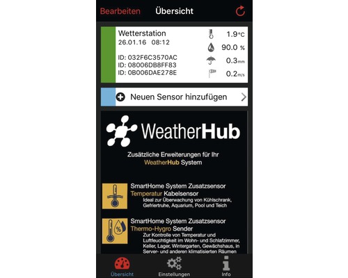 WeatherHub App-Oberfläche mit Informationen zu Temperatur, Luftfeuchtigkeit, Niederschlag und Windgeschwindigkeit