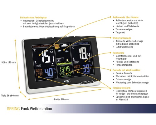 SPRING Funkwetterstation mit beleuchtetem Farbdisplay und Anzeige von Innen- und Außentemperatur