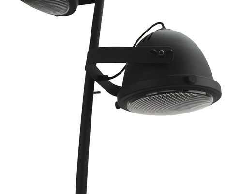 Schwarze Aussenleuchte mit zwei Strahlern am Mast