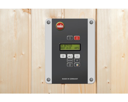 Weka Logo. Steuerungselement mit Display und Knöpfen für Sauna auf Holzpaneel montiert.