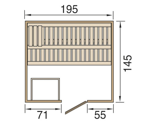 Grundriss einer Sauna mit Abmessungen