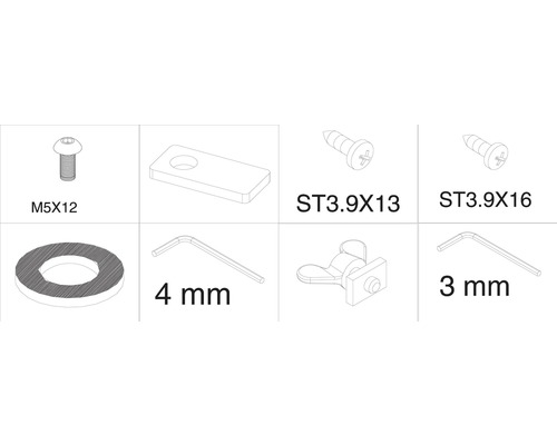 Darstellung verschiedener Befestigungselemente, darunter Schrauben, Unterlegscheibe und Inbusschlüssel.