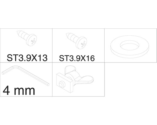 Abbildung verschiedener Montageteile, darunter Schrauben, Unterlegscheibe, Winkelstiftschlüssel und ein Beschlag