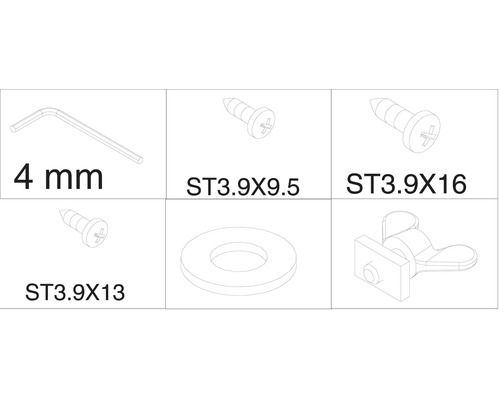 4 Millimeter Inbusschlüssel, Schraube ST3.9X9.5, Schraube ST3.9X16, Schraube ST3.9X13, Unterlegscheibe und Befestigungselement