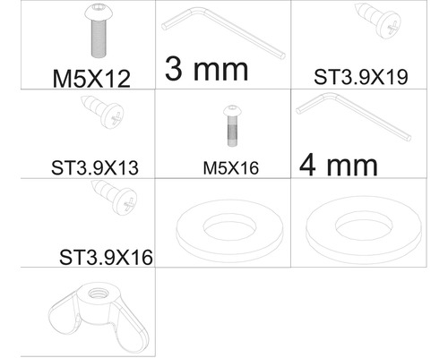 Abbildung verschiedener Schrauben, Unterlegscheiben und Schraubenschlüsselgrößen.