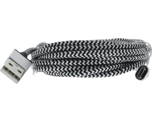 USB-Ladekabel mit USB-A auf USB-C Anschluss und schwarz-weiß gemusterter Textilummantelung.