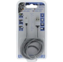 Micro-USB-Kabel mit USB-A-Anschluss, Länge 2,5 Meter, schwarz-weiß gemusterte Textilummantelung, in Blisterverpackung.