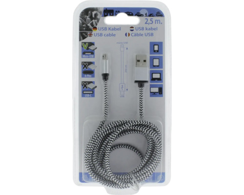 Micro-USB-Kabel mit USB-A-Anschluss, Länge 2,5 Meter, schwarz-weiß gemusterte Textilummantelung, in Blisterverpackung.