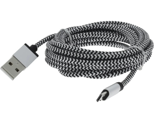 USB-Ladekabel mit geflochtener Textilummantelung, USB-A auf USB-C Stecker, schwarz-weißes Zickzack-Muster.