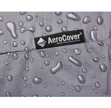 Detailaufnahme von wasserabweisendem Gewebe mit Aerocover Logo und Wassertropfen