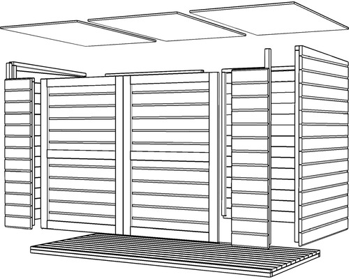 Abbildung eines Gartenhauses im Rohbau mit Holzwänden und Dachelementen