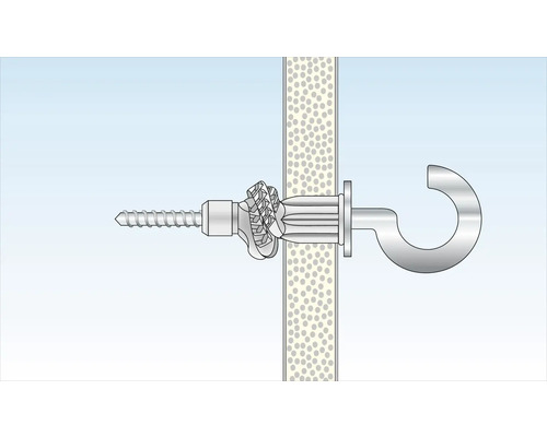 Illustration einer Gipskartondübel mit Schraube und Haken in einer Wand.