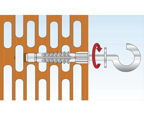 Illustration eines Dübels mit Haken in einer Wand