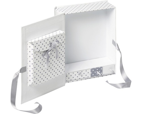 Geöffnete Geschenkbox mit Schubladen und Schleife