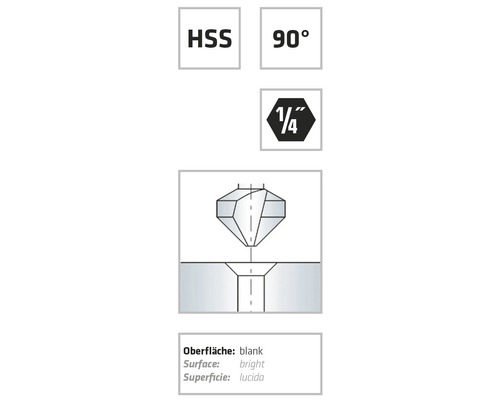 Symbolbild für HSS Stahl, 90 Grad Senkwinkel, 1/4 Zoll Sechskantschaft und blanke Oberfläche