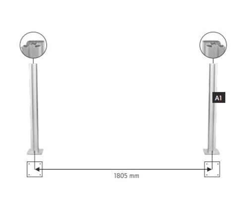 Illustration von zwei Metallpfosten mit einem Abstand von 1805 Millimeter.
