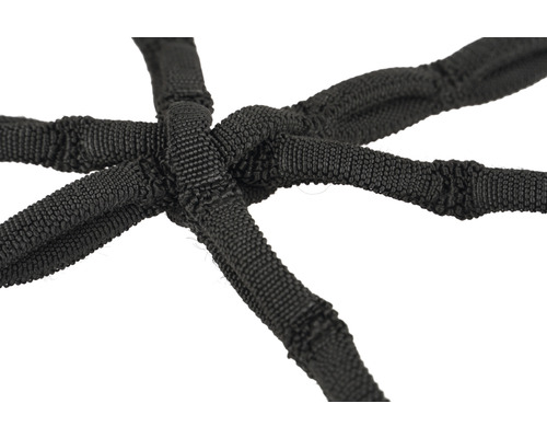 Detailaufnahme eines Knotens aus einem schwarzen Textilseil.
