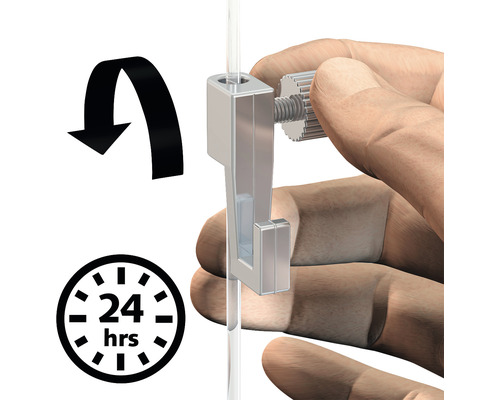 Nahaufnahme eines Bildaufhängers mit Drehbewegungspfeil und 24 Stunden Symbol