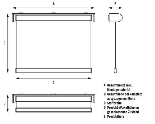 Technische Zeichnung eines Rollos mit Breiten-, Höhen- und Tiefenangaben.