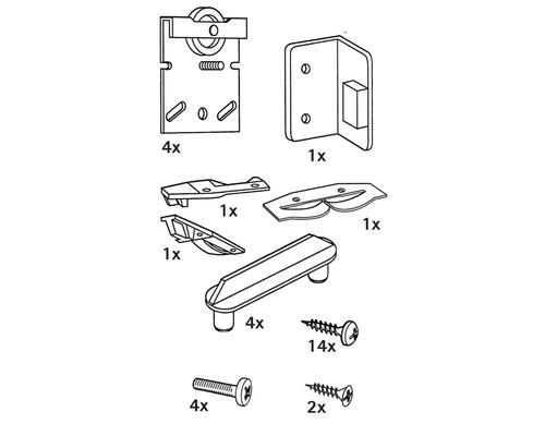 Illustration eines Beschlagsets mit Rollen, Winkeln, Griffen und Schrauben in verschiedenen Stückzahlen