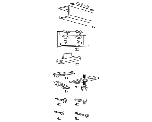 Bestandteile für Schiebetürsystem, 2000 mm Schiene, Rollen, Schrauben