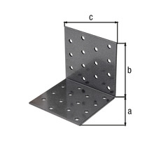 Winkelverbinder aus Metall mit Löchern und Maßangaben a, b und c