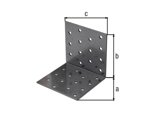 Winkelverbinder aus Metall mit Löchern und Maßangaben a, b und c