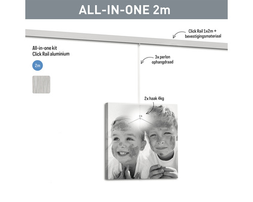 Komplettes Set mit Aluminium-Klickleiste und Montagezubehör für Bilderaufhängung