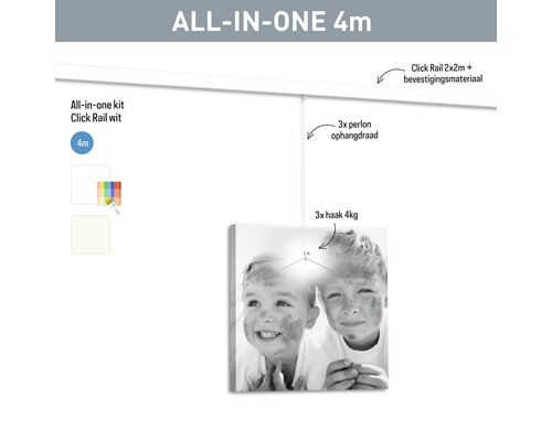 Komplettset inklusive Klickschiene, Befestigungsmaterial, Aufhängedraht und Haken für Bilder bis vier Kilogramm