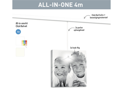 Komplettset mit weißer Klickschiene, vier Meter lang, inklusive Befestigungsmaterial, drei Perlon-Aufhängeschnüre und drei Haken für vier Kilogramm Last