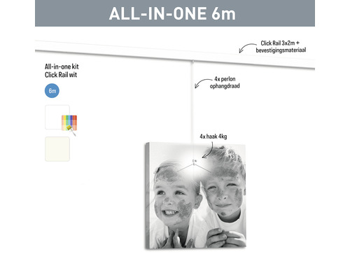 Komplettset zur Bildaufhängung mit Schiene, Perlonseilen und Haken