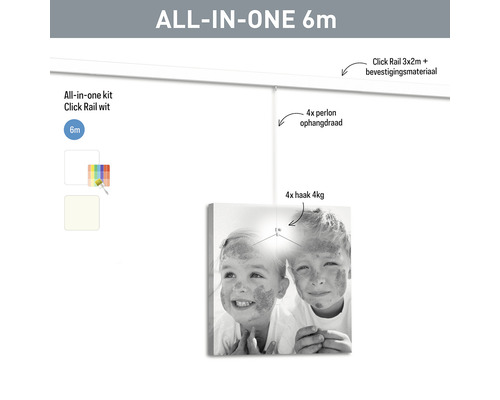 Komplettes Aufhängesystem mit weißer Klickschiene, drei Schienen von je zwei Metern Länge, vier Perlonseile und vier Haken für bis zu vier Kilogramm Traglast