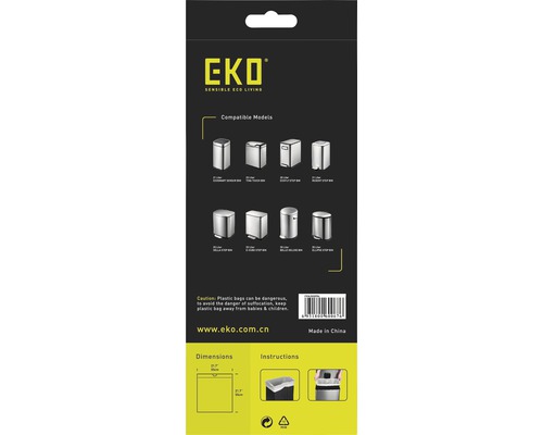 EKO Müllbeutel Verpackung mit kompatiblen Mülleimer Modellen und Gebrauchs Anweisung.