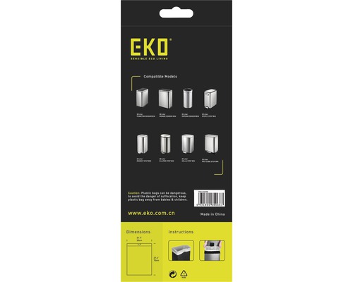 EKO Nachfüllbeutel-Verpackung mit Informationen zu kompatiblen Modellen, Vorsichtsmaßnahmen und Abmessungen