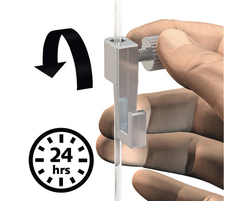 Detailansicht eines Bildaufhängers mit Drehmechanismus, 24 Stunden Symbol und Pfeil