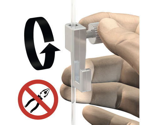 Befestigen eines Bildaufhängers an einer Galerieschiene durch Drehen. Symbol: Keine Zange verwenden.