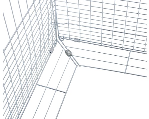 Detailansicht eines Drahtgitterkäfigs mit Verbindungselementen