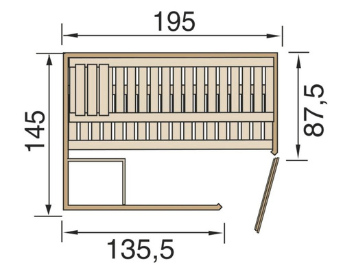 Diagramm einer Sauna mit Maßangaben: Länge 195 cm, Breite 135,5 cm, Höhe 145 cm und Sitztiefe 87,5 cm.