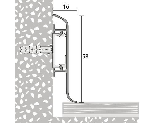 Illustration eines Sockelleistenprofils mit den Maßen 16 und 58 Millimeter.