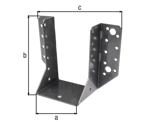 Trägerverbinder aus Metall mit Lochmuster und Maßangaben